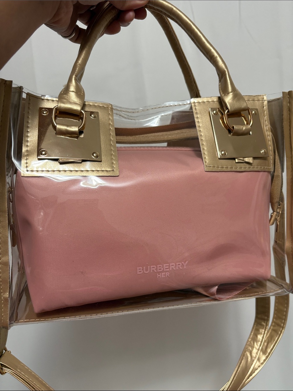 Burberry Pink Wristlet & Gold Clear Tote/crossbody bag